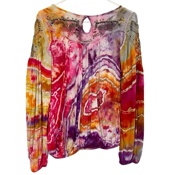 Free People Geode Tie Dye Top Blouse Womens XS Small Beaded Colorful Rainbow Tee - Picture 2 of 14